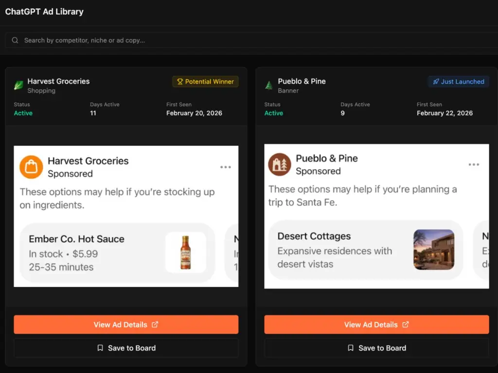 ChatGPT Ad library showing competitor ads and winning formats
