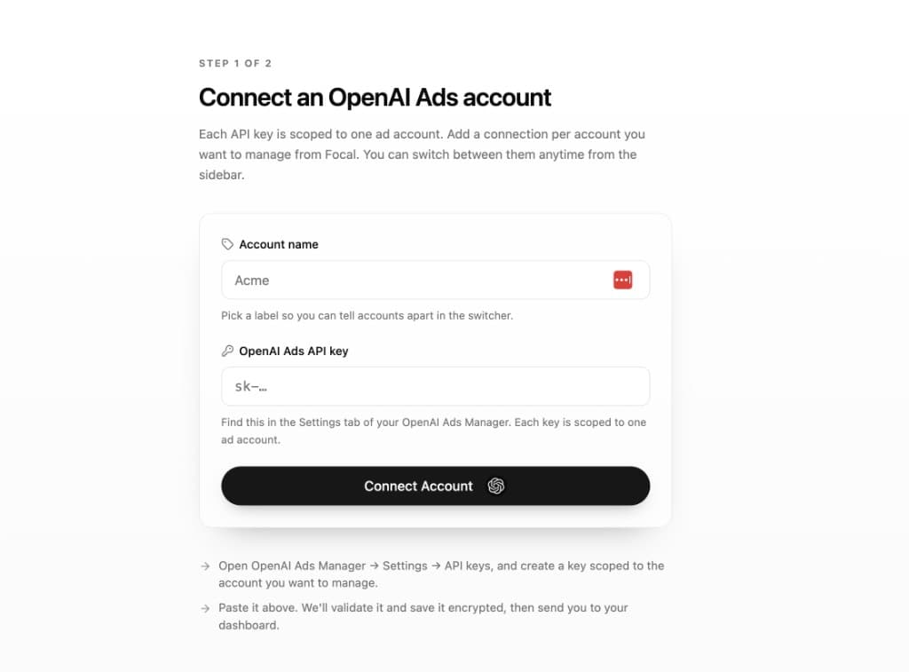 OpenAI Ads account connection form in Focal