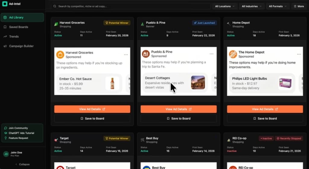 Focal ChatGPT Ad Library showing competitor ads and winning patterns