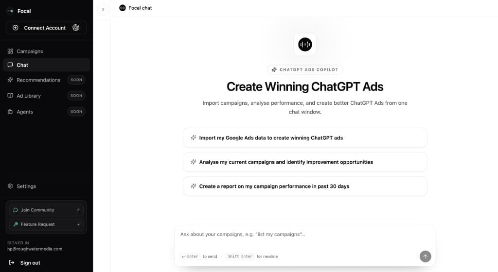 Focal dashboard showing winning ChatGPT Ads creatives and competitor campaigns